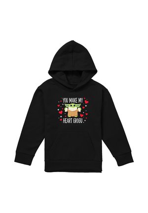 Schwarzer Hoodie mit cartoonartigem Grogu-Charakter, umgeben von roten Herzen und dem Text "You make my heart Grogu" auf der Vorderseite.