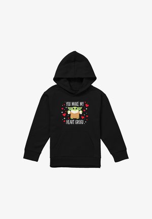 Schwarzer Hoodie mit cartoonartigem Grogu-Charakter, umgeben von roten Herzen und dem Text "You make my heart Grogu" auf der Vorderseite.
