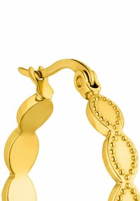 Gouden hoopoorbellen met een onderling verbonden ontwerp van ovale vormen en gestructureerde accenten. Het oppervlak heeft een gepolijste afwerking en een sluiting met haak.