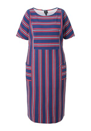 Vestito blu fino al ginocchio con maniche corte, caratterizzato da righe verticali e orizzontali rosse e bianche e due tasche applicate frontali.