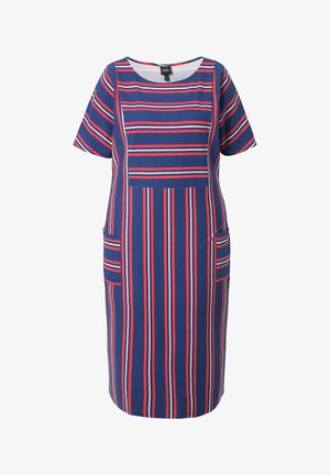 Blaues knielanges Kleid mit kurzen Ärmeln, versehen mit vertikalen und horizontalen roten und weißen Streifen sowie zwei aufgesetzten Taschen vorne.