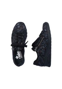 Black sneakers with floral lace pattern, fabric upper, rubber sole, flat laces, and side zipper. Contoured for comfort and support.