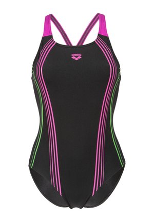 Zwarte badpak met contrasterende roze en groene lijnen, met een sportief ontwerp en gekruiste bandjes. Gemaakt van glad, rekbaar materiaal.