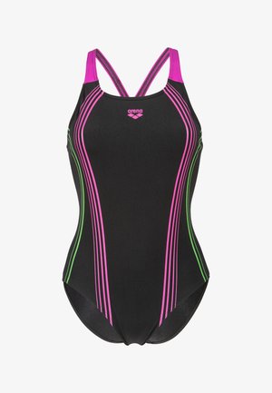 Zwarte badpak met contrasterende roze en groene lijnen, met een sportief ontwerp en gekruiste bandjes. Gemaakt van glad, rekbaar materiaal.