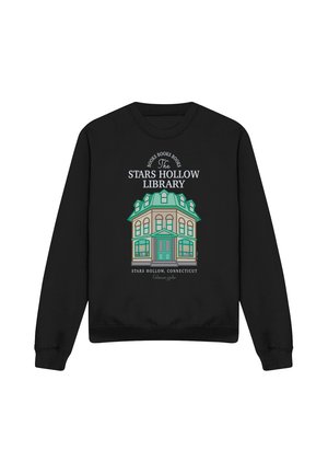 Black sweatshirt with a graphic of a green-roofed library and text reading Stars Hollow Library, Stars Hollow, Connecticut, Gilmore Girls.