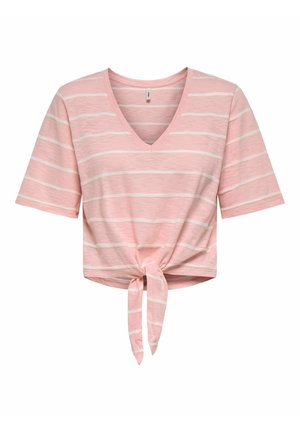Rosa kortermet croptop med V-hals, hvite horisontale striper og knytedetalj foran.