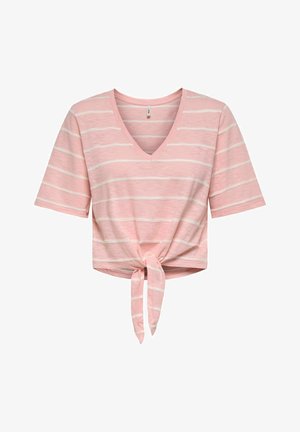 Rosa kortermet croptop med V-hals, hvite horisontale striper og knytedetalj foran.