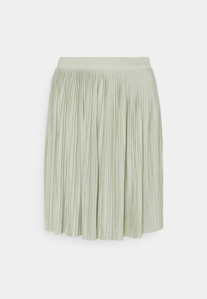 Jupe plissée vert clair avec une ceinture ajustée, longueur midi et plis étroits verticaux.