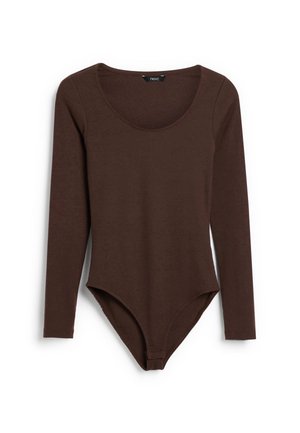 Brun langærmet bodystocking med rund halsudskæring, ribbet tekstur og tætsiddende design. Har højt skåret ben og blødt, elastisk stof.