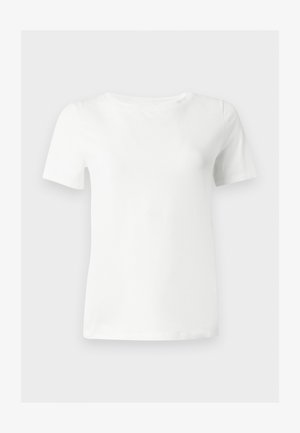 T-shirt blanc uni à manches courtes avec col rond, présenté sur un fond gris clair.
