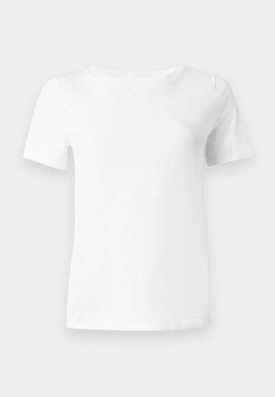 T-shirt blanc uni à manches courtes avec col rond, présenté sur un fond gris clair.