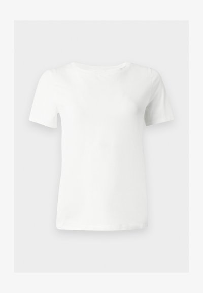 T-shirt blanc uni à manches courtes avec col rond, présenté sur un fond gris clair.