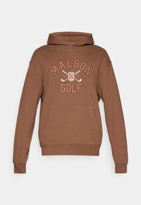 Brūns kapucis ar priekšējo kabatu un aukliņu kapuci. "MALBON GOLF" kontrastējošās krāsās un golfa tematikas grafika uz krūšu. 