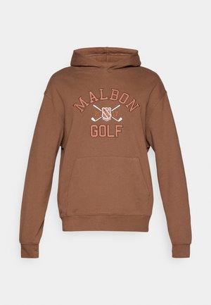 Fleece castanho com um bolso frontal e capuz ajustável. "MALBON GOLF" em cores contrastantes e um gráfico relacionado ao golfe no peito.