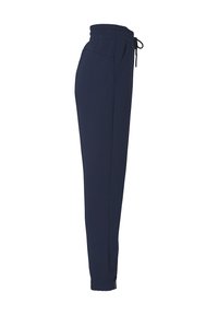 Marineblauwe joggingbroek van gladde stof, met een elastische tailleband, trekkoord en zijzakken voor comfort en functionaliteit.