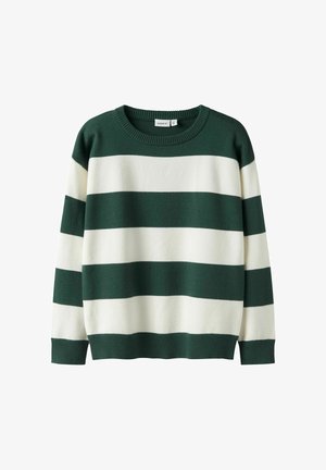 Pull rayé vert et blanc, fabriqué dans un matériau doux. Comprend un col rond et des poignets et un ourlet côtelés. Design structuré et confortable.
