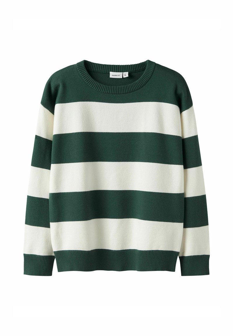 Pull rayé vert et blanc, fabriqué dans un matériau doux. Comprend un col rond et des poignets et un ourlet côtelés. Design structuré et confortable.