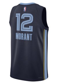 Marinebasketballtrøye med lyseblå aksenter. Har spiller nummer "12" og navn "MORANT" i kontrastfarge lys blå skrift. DRI-FIT stoff.