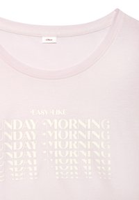 Light pink T-shirt with a round neckline and short sleeves. Features bold white text that repeats "SUNDAY MORNING" in various opacity levels.