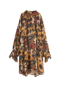 Langermet blomsterkjole med mørk bakgrunn, prydet med gule solblomster og røde blomster, med rynkede mansjetter og krage.