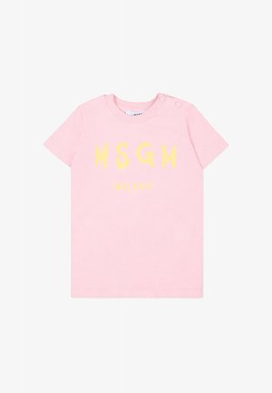 Maglietta rosa a maniche corte per bambini piccoli con testo giallo "MSGM MILANO" e due bottoni a pressione sulla spalla sinistra per un facile vestirsi.