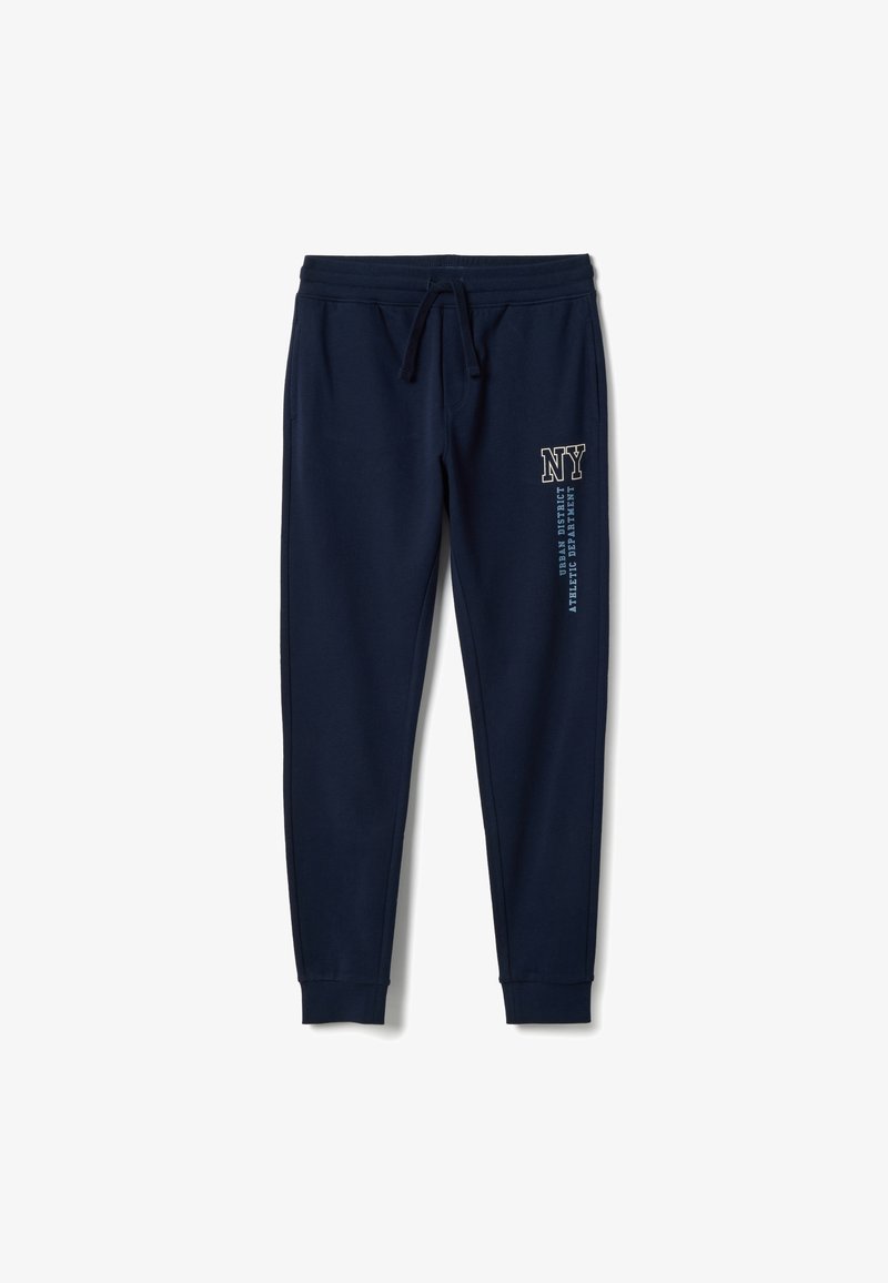 Pantalon de survêtement bleu marine en tissu doux, doté d'une taille élastique avec cordon de serrage, de poignets côtelés et d'un texte graphique imprimé sur le côté.