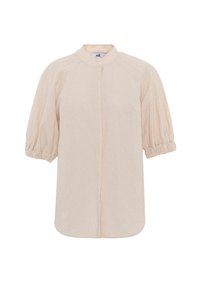 Helle beige Bluse mit kurzen Ärmeln, runder Kragen, strukturiertem Blumenmuster und elastischen Bündchen; Knopfleiste.