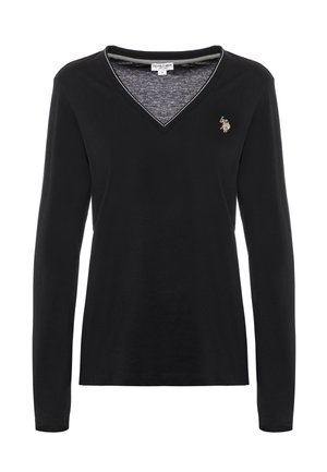Maglietta nera a maniche lunghe con scollo a V e bordi grigi. Presenta un piccolo logo ricamato sul petto. Tessuto liscio, design casual.