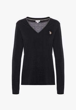 Maglietta nera a maniche lunghe con scollo a V e bordi grigi. Presenta un piccolo logo ricamato sul petto. Tessuto liscio, design casual.