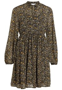 Blommönstrad klänning med långa ärmar, rund halsringning, gathered midja och en mörk bakgrund med gula och blå blommor. Genomskinligt tyg.