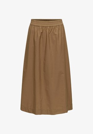 Jupe marron longueur genou avec taille élastique et coupe ample légèrement froncée, présentée sur fond blanc.