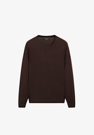 Brauner Pullover mit langen Ärmeln, Rundhalsausschnitt und gerippten Bündchen. Hergestellt aus einem weichen, glatten Stoff mit einem schlichten, einfarbigen Design.