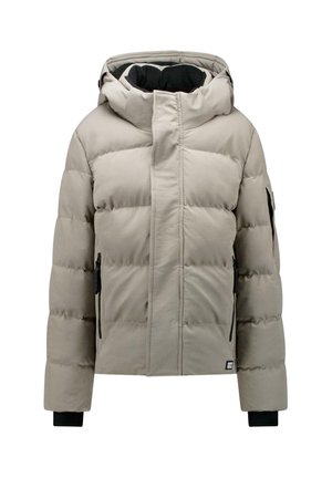 Beige gevoerde winterjas met hoge kraag, capuchon, zwarte ritszakken en zwarte manchetten aan de mouwen.