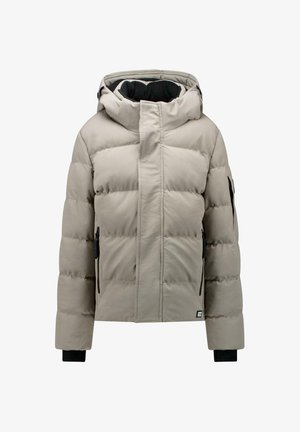 Veste d'hiver matelassée beige avec un col haut, une capuche, des poches zippées noires et des poignets noirs aux manches.