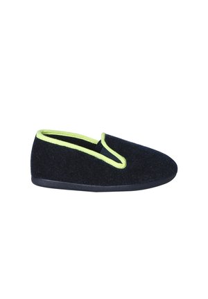 Black slip-on slipper with neon green trim and a flat sole, designed for indoor comfort and easy wear.