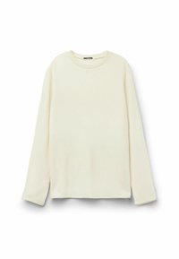 Długi rękaw w kolorze off-white, wykonany z miękkiego materiału; okrągły dekolt, luźny krój, z bocznymi rozcięciami na dole oraz minimalnymi detalami w szyciu.