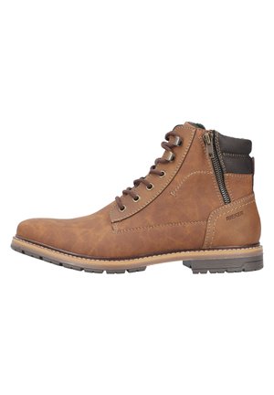 Braune Leder-Ankelstiefel mit Schnürung und Reißverschluss, gepolstertem Schaft, gestickten Akzenten und Gummisohle für besseren Halt.