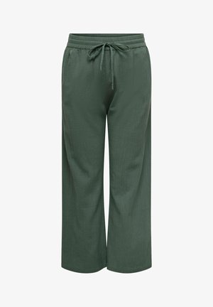 Pantalon ample vert foncé longueur cheville avec taille élastique et cordon à l'avant, doté de poches latérales et d'un tissu texturé.