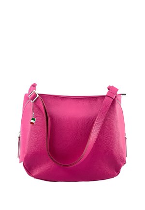 Bright pink leather shoulder bag with adjustable strap and small Italian flag charm attached to the buckle, displayed against a white background.