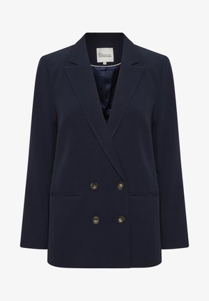 Marineblauwe dubbelbreasted blazer van gladde stof. Voorzien van twee voorzakken en goudkleurige knopen; gestructureerde revers en een ontspannen pasvorm.