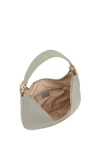 Leren schoudertas in zacht groen, met een ritsluiting, gouden hardware en een beige interieur met een ritsvak.