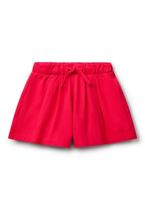 Rode katoenen shorts met een elastische tailleband, verstelbaar trekkoord en geplooid ontwerp. Voorzien van een logo geborduurd aan de onderzijde.
