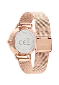 Roségoldene Mesh-Armbanduhr mit einem runden Gehäuse aus Edelstahl, transparentem Rückdeckel und minimalistischem Ziffernblattdesign. Wasserfest bis 3 ATM.