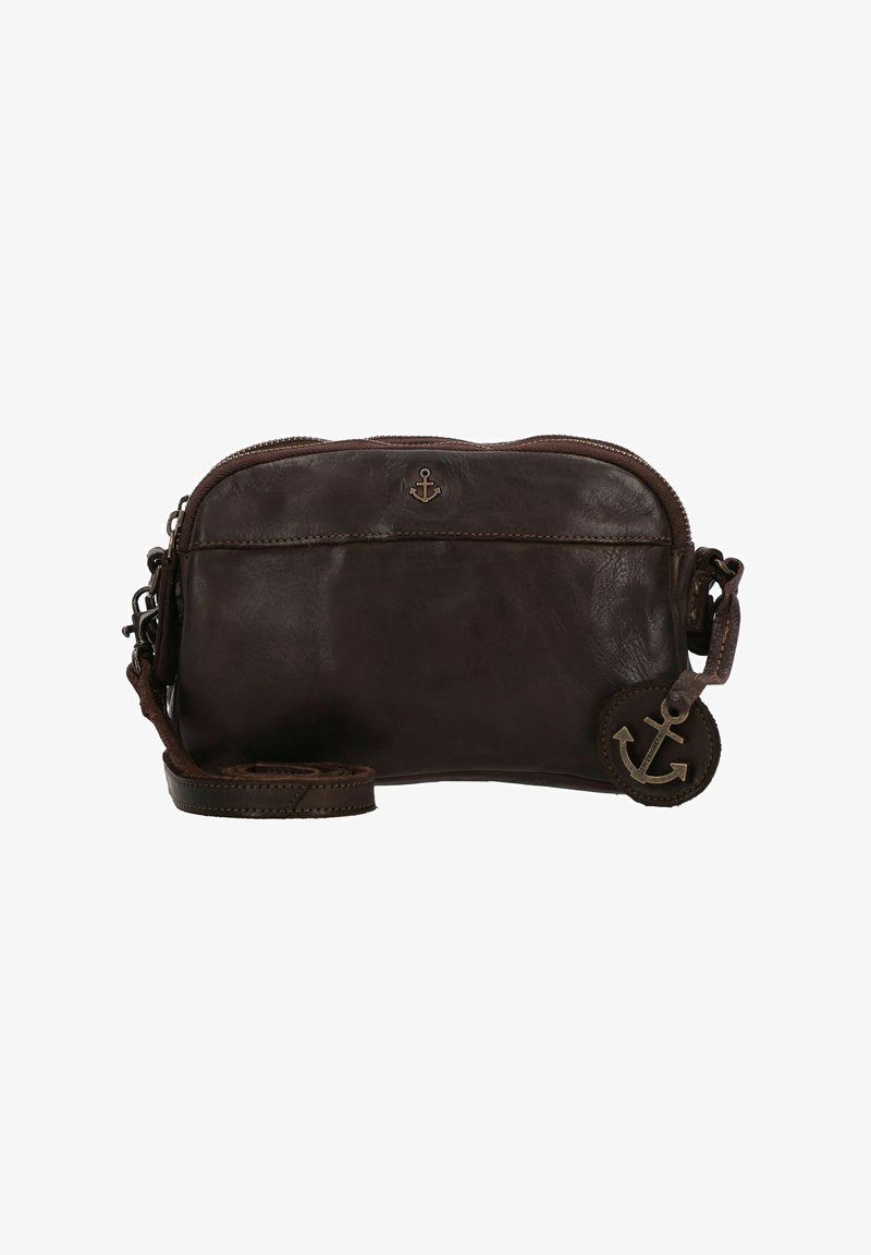 Borsa a tracolla in pelle marrone scuro con zip frontale, emblema dell'ancora al centro in alto e portachiavi a forma di ancora sul cinturino laterale.