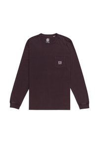 Long-sleeve, dark purple cotton t-shirt with a crew neck, front pocket, and a logo tag on the pocket. Smooth texture and relaxed fit.
