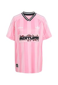 Pink striped sports jersey with a black collar, featuring the word "ADITURF" in bold embroidery on a white panel. Adidas logo on sleeves.