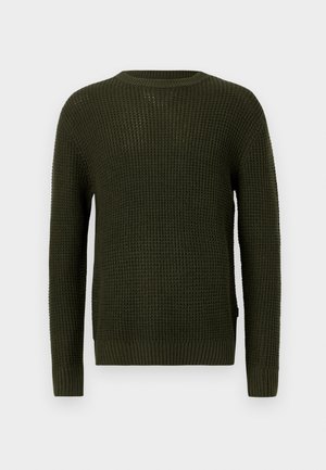 Olīvzaļš adīts džemperis ar apaļu apkakli, garām piedurknēm un ribinātām aprocēm. Iekļauj teksturētu rakstu un brīvu piegriezumu.