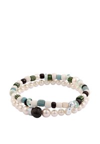 Flertrådig armband med runt pärlor, färgglada glas- och keramikpärlor i grönt, blått, vitt och svart, med silverdetaljer.