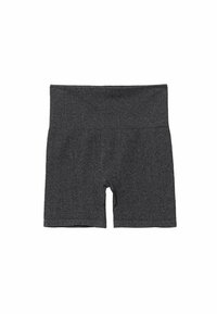 Shorts de sport gris foncé en tissu extensible, dotés d'une taille haute et d'une longueur mi-cuisse avec une texture lisse.