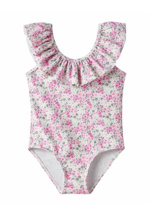Maillot de bain une pièce pour filles avec motif floral rose et blanc et détail à volants sur les épaules.